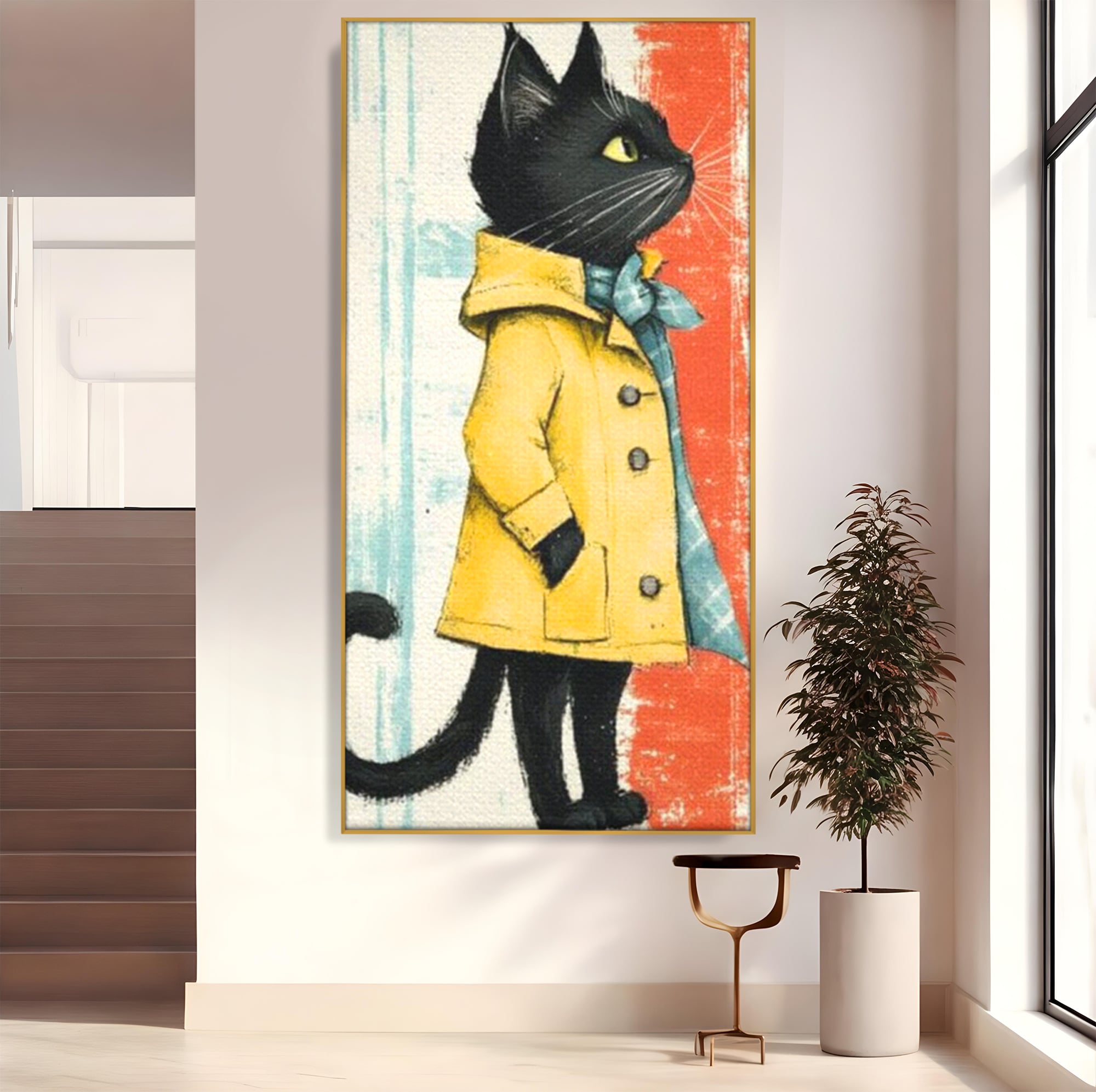 Tablou canvas cu ilustratie cu pisica in pelerina galben, in rama de aluminiu auriu
